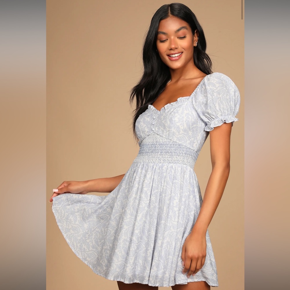 Lulus Brilliantly Blooming Blue Floral Print Puff Sleeve Skater Dress